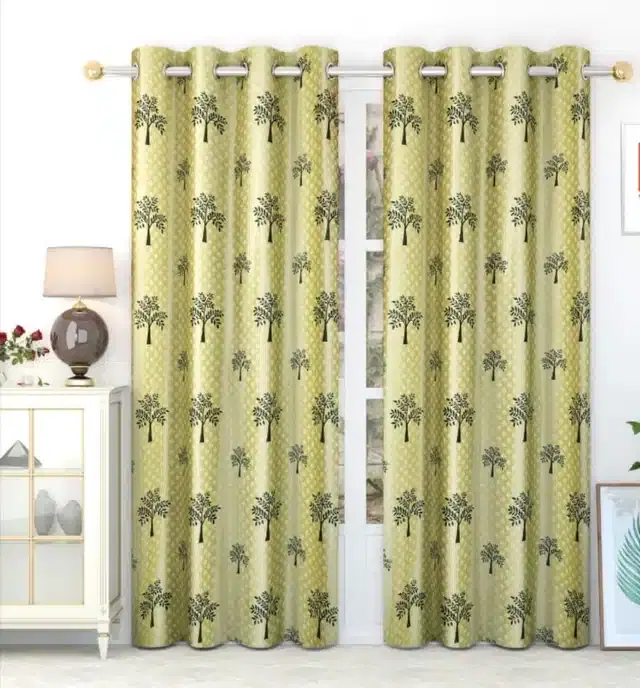 Polyester Printed Window & Door Curtains, Pack of 2, Green, 7 feet