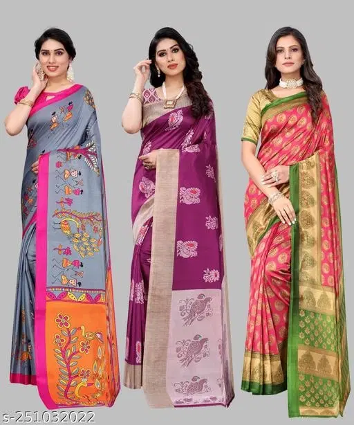 Art Silk Saree for Women, Pack of 3 (Grey, Free Size)