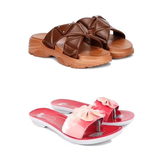 Combo of Sliders & Flats for Women, Set of 2 (Multicolor, 5)