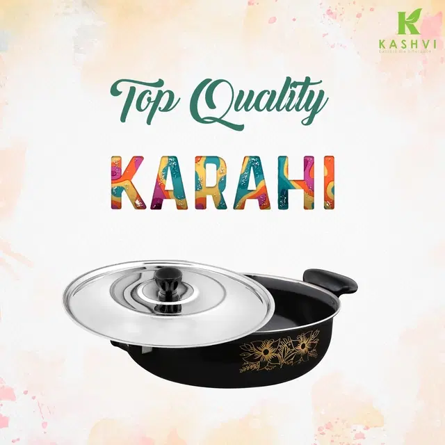 Cast Iron Kadai with Lid, Black & Silver, 28 cm