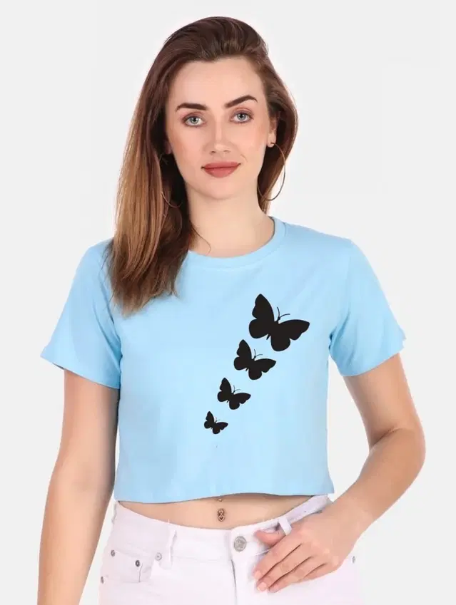 Round Neck Printed Crop Top for Women (Aqua Blue, S)