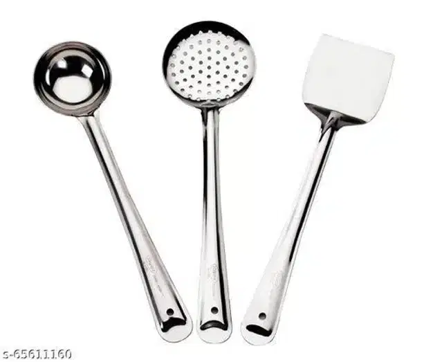 Stainless Steel Cooking Skimmer, Laddle, Spatulas, Silver, Set of 3