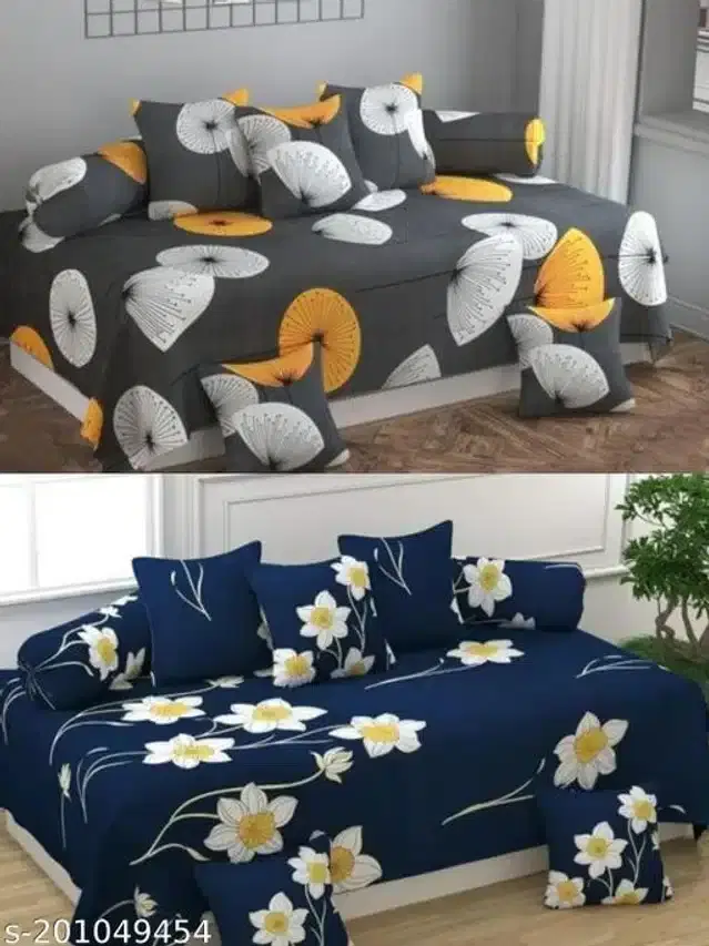 Polycotton Diwan Cover Set, Grey & Navy Blue, Combo of 2