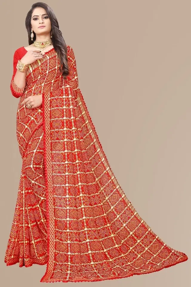 Kanooda Prints Fancy Women Georgette Printed Bandhani Saree (Red)