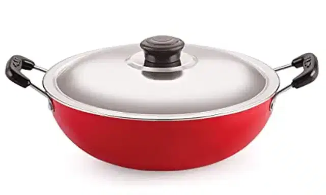 Nonstick Aluminium Deep Fry Kadhai with Steel Lid, Red, 24 cm