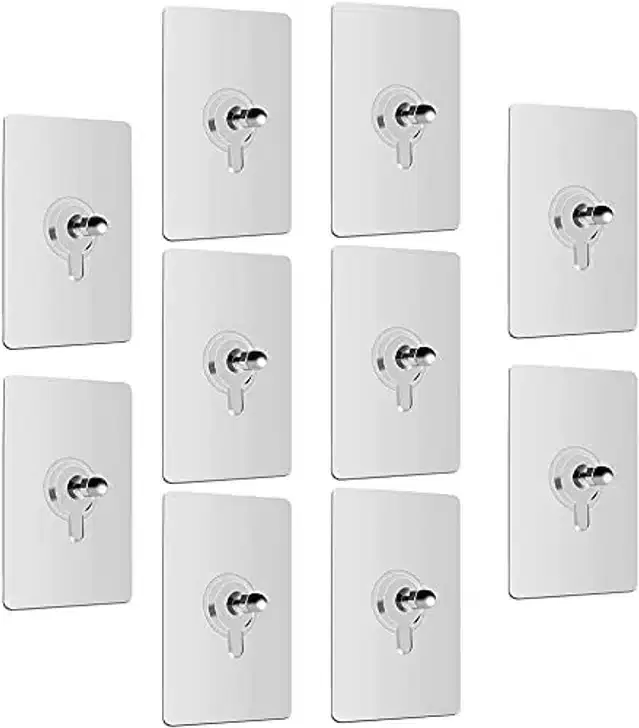 Adhesive Wall Hooks, Silver, Pack of 10