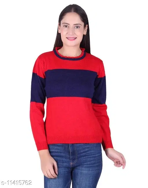 Acrylic Striped Sweater for Women (Red & Blue, M)