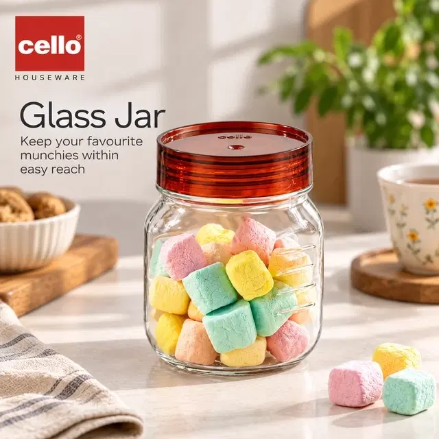 Cello Grip N Store Glass Storage Jar, 500ml, Maroon | Pack of 1 | Airtight Lid | Easy-Grip Body | For Kitchen Storage