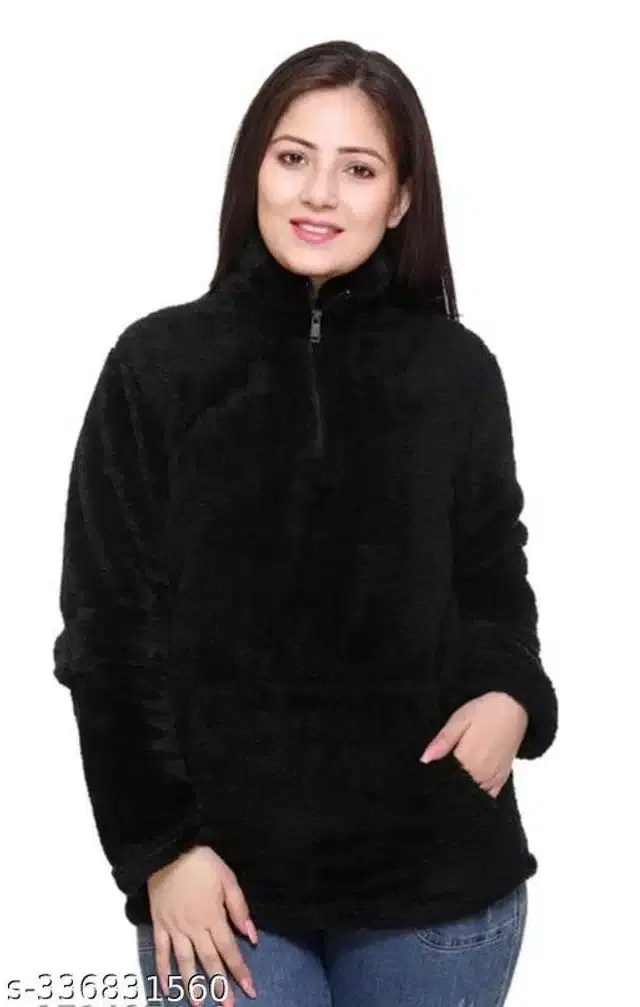 Woolen Full Sleeves Sweatshirt for Women (Black, M)