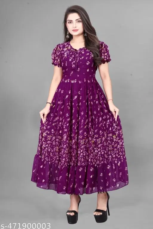 Floral Calf-Length Dress for Women (Purple, S)
