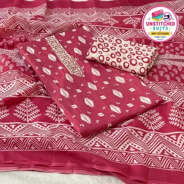 100% Cotton Print with Neck Thread Embroidery Unstitched Suit, Red (Free Size)
