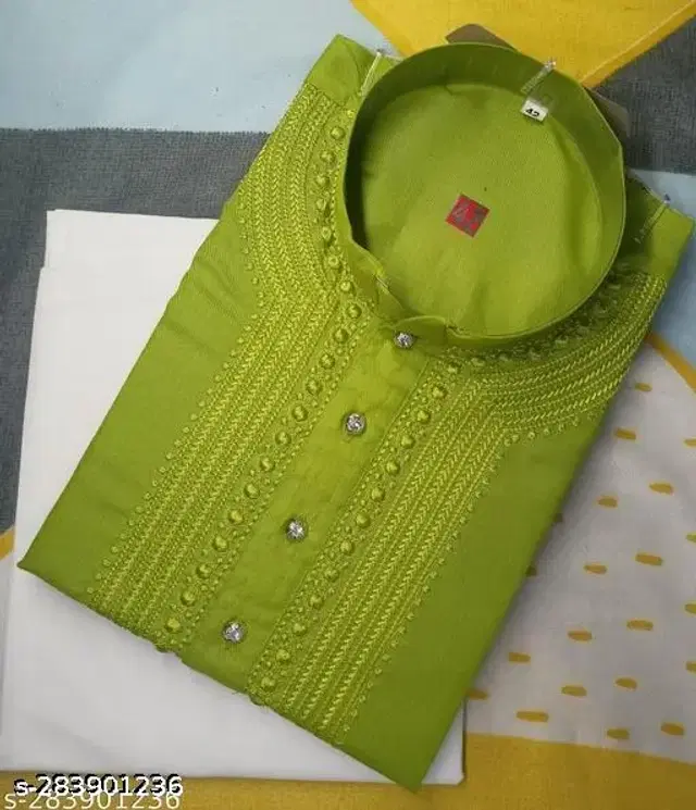 Cotton Blend Embroidered Kurta with Pyjama for Men (Green, XXL)