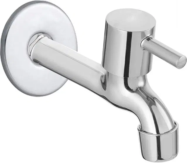 Stainless Steel Long Body Bib Cock Tap with Wall Flange, Silver, Set of 1