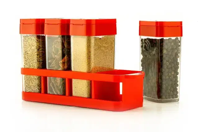 Plastic Spice Jars with Rack, Red, Pack of 4
