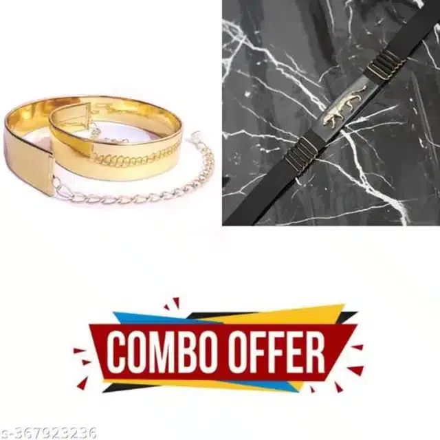 Fancy Belts for Women, Pack of 2 (Gold & Black)