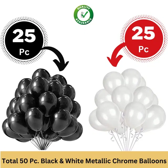 Rubber Premium Metallic Balloons for Party, Black & White, Pack of 50