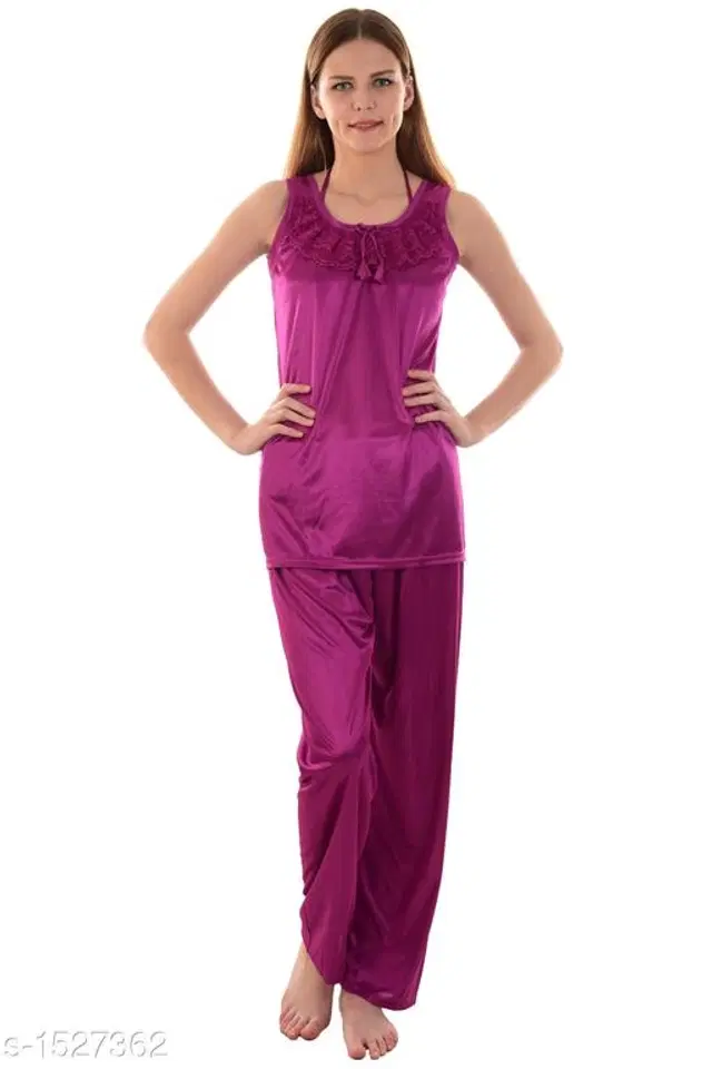 Satin Nightsuit Set for Women (Purple, M)