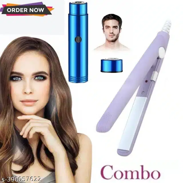 Mini Hair Straightener with Portable Electric Shaver for Men & Women, Multicolor, Set of 2