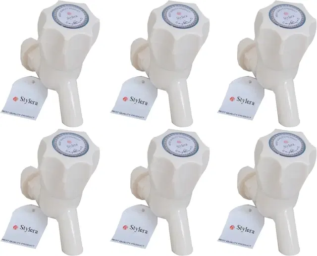 Plastic Short Body Bib Cock Tap with Wall Flange, White, Set of 6