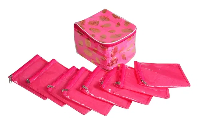 Canvas Printed Jewellery Organizer Bag with 10 Pcs Separate Pouches, Pink, Set of 1