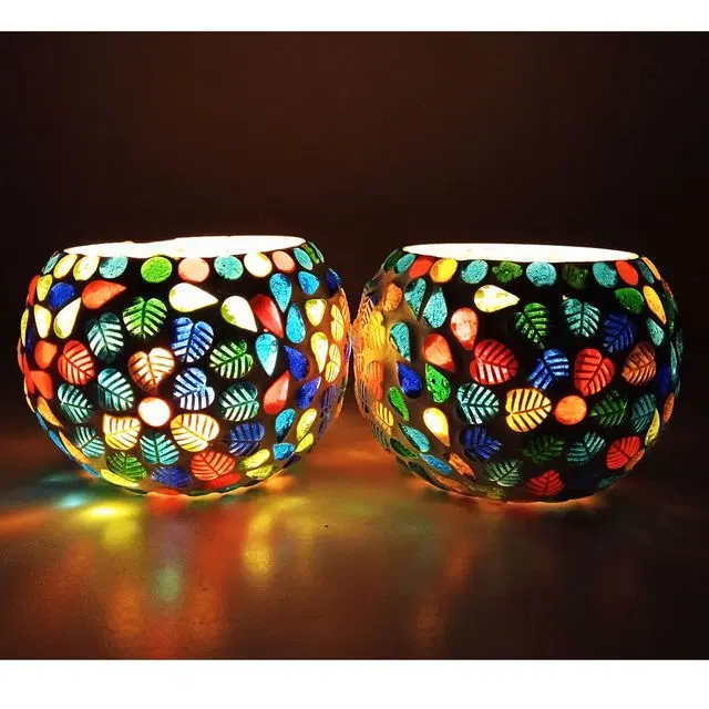 Aatiutik Hand Made Glass T-Light Candle Holder Set Of 2 With 4 Tlight Candle Free For Birthday Anniverary Diwali Christmas Hotel Spa Festival, A028