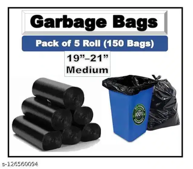 Biodegradable 30 Pcs Garbage Bags, Black, 19x21 inches, Pack of 5