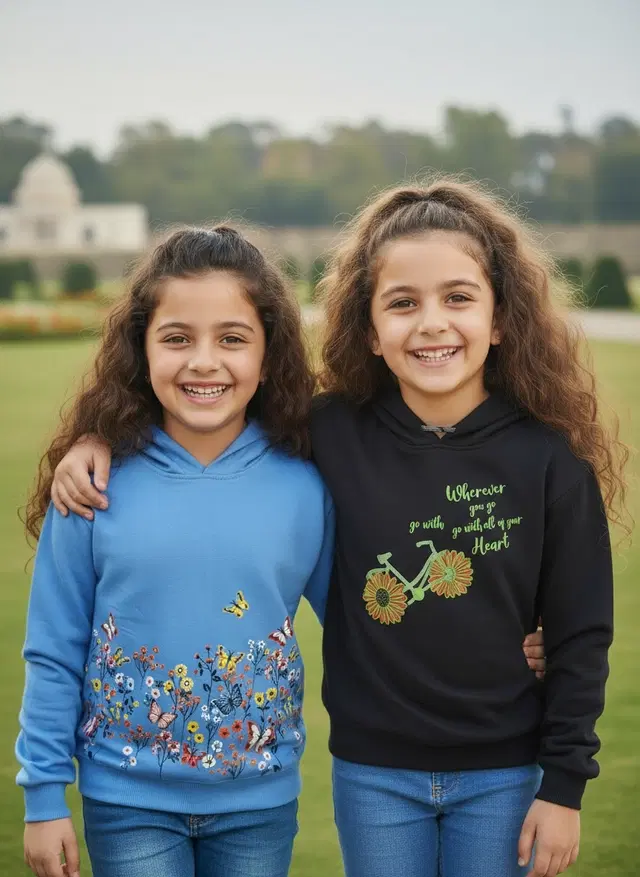 Wool Printed Hoodie for Girls, Multicolor, Pack of 2 (3-4 Years)