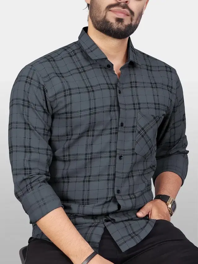 Cotton Blend Mens Checked Shirt Grey(M)