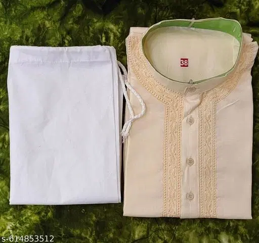 Cotton Solid Kurta Set for Men, White & Peach (L)