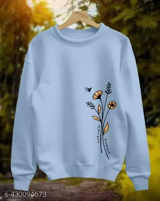 Cotton Printed Sweatshirt for Women (Sky Blue, M)