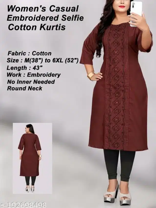 Cotton Embroidered Kurti for Women (Maroon, XXL)