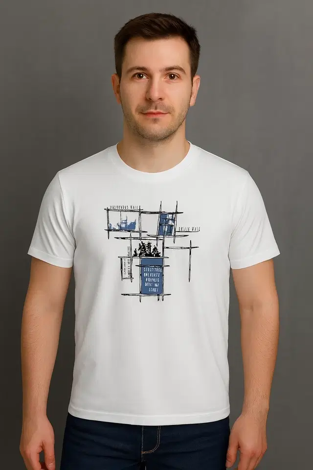 Round Neck Printed T-Shirt for Men, White (M)