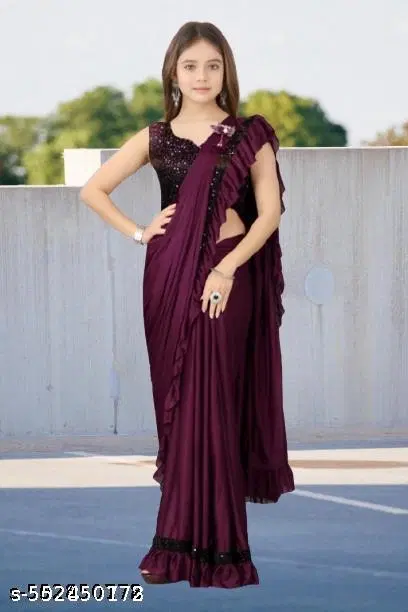 Lycra Solid Saree for Girls, Wine (Free Size)