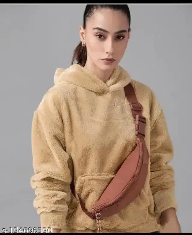 Woolen Full Sleeves Hooded Sweatshirt for Women (Tan, L)