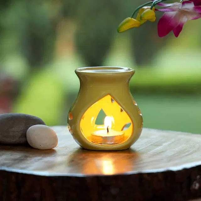 Aroma Ceramic Tealight Candle Holder Oil Diffuser Burner, Yellow, 9.5 X 7 X 9.5 Cm, Du-054