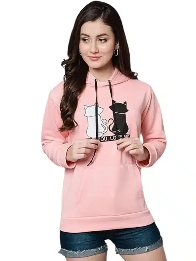 Full Sleeves Printed Hoodie for Women (Peach, S)