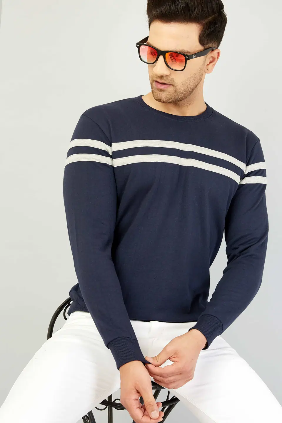 GESPO Mens Full Sleeve Stripes Sweatshirt (Blue, S) (S25)