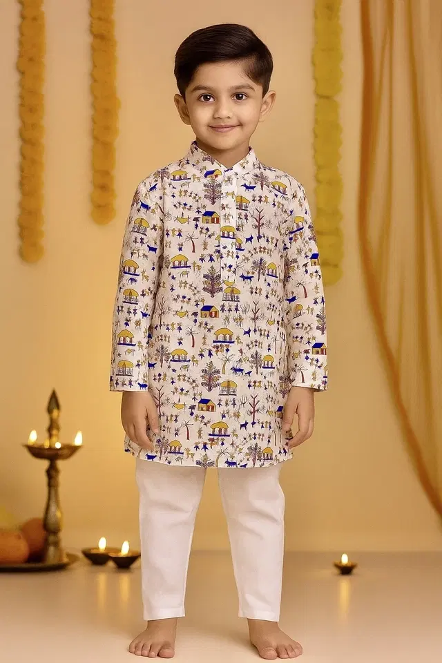 Cotton Printed Kurta with Payjama for Boys, Beige & White (6-12 Months)
