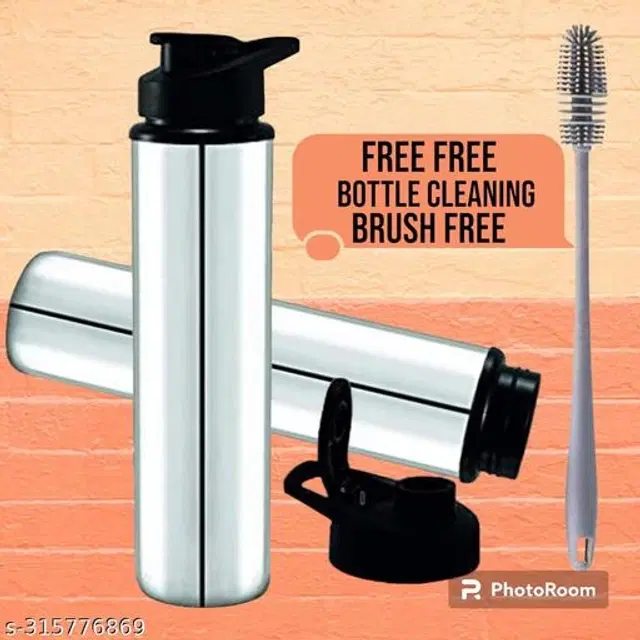 Stainless Steel 2 Pcs Water Bottle, 1000 ml with Cleaning Brush, Silver, Set of 3