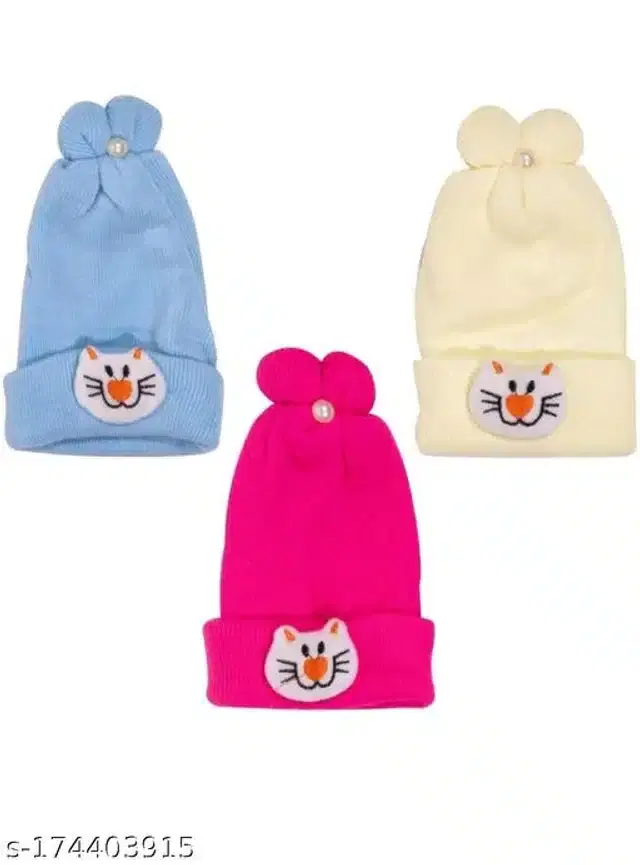 Woolen Winter Cap for Infants, Pack of 3 (Multicolor, 0-3 Months)