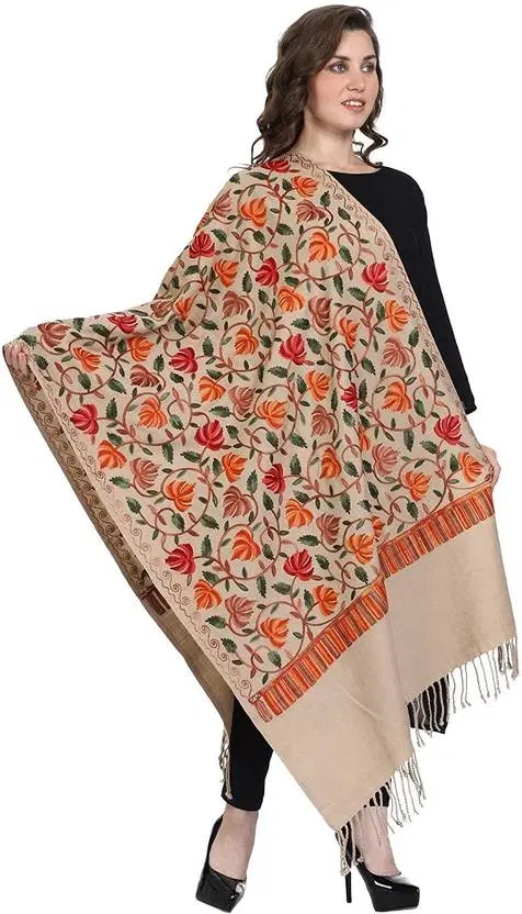 Kashmiri Embroidered Poly Acrylic Shawl For Women, Beige