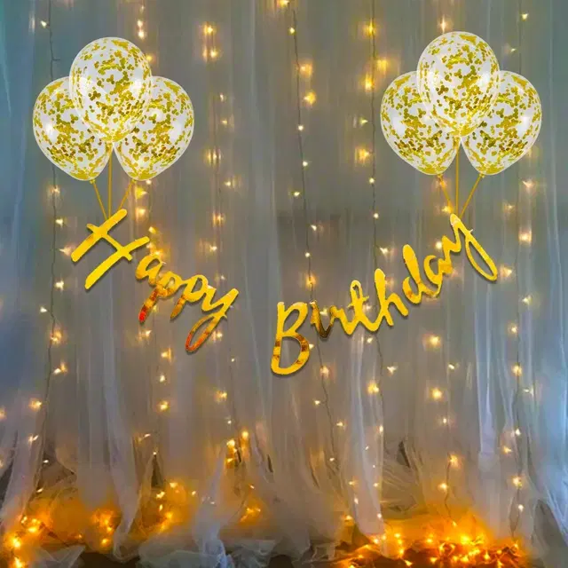 Happy Birthday Decoration Kit with Banner (Cardstock)Balloons and Led Light (Set of 10)