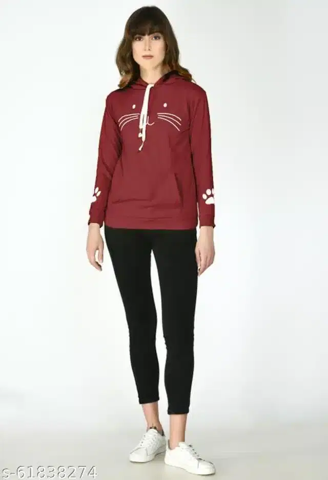 Fleece Printed Full Sleeves Hooded Sweatshirt for Women (Maroon, XS)
