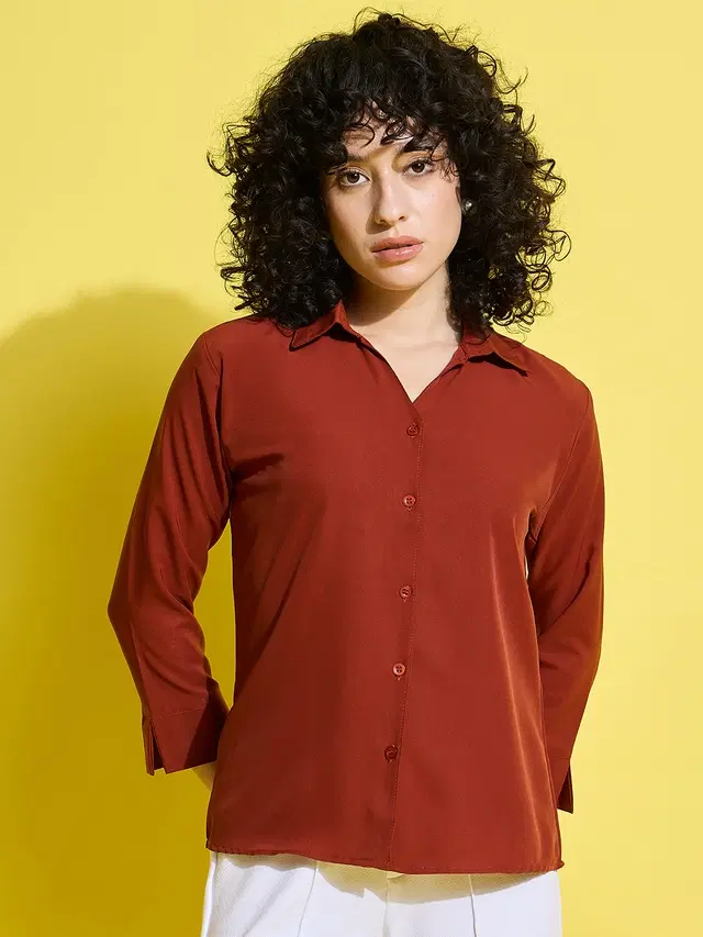 Three-Quarter Sleeves Solid Shirt for Women (Rust, S)