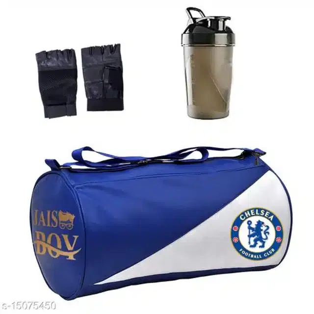 Combo of Gym Bag with Shaker Bottle, 600 ml, Gloves, Multicolor, Set of 3