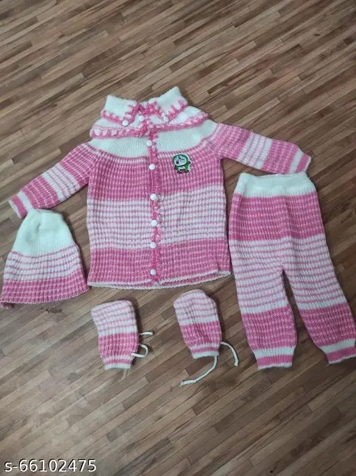 Acrylic Striped Clothing Set for Girls, Set of 1 (Pink & White, 0-3 Months)