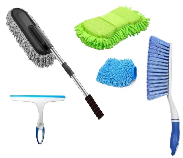 Winberg Car Cleaning Combo Pack Microfiber Duster Carpet Brush Washing Scurb Glass Wiper Microfibre Gloves Full Interior and Exterior Cleaning Kit (Pack of 5) Assorted