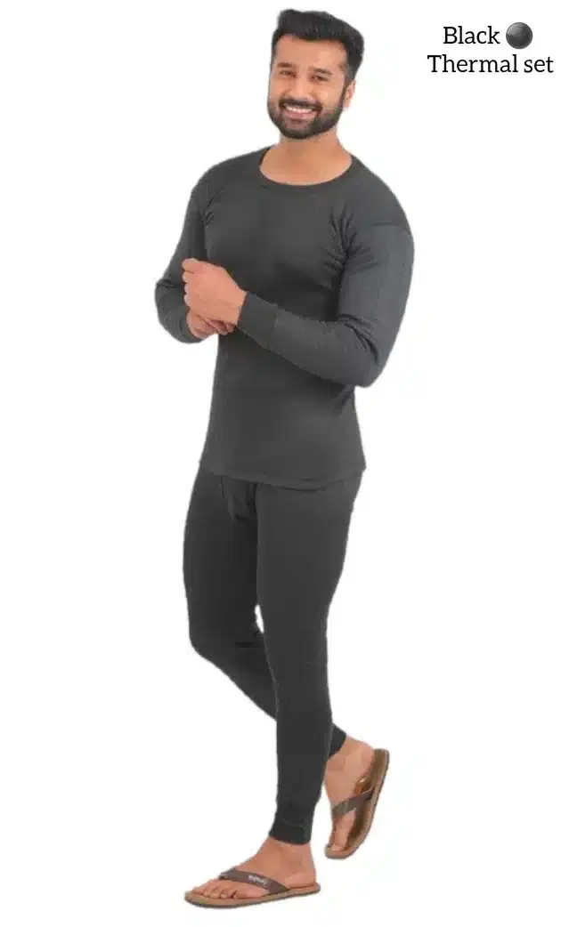 Cotton Blend Solid Thermal Set for Men (Black, S)