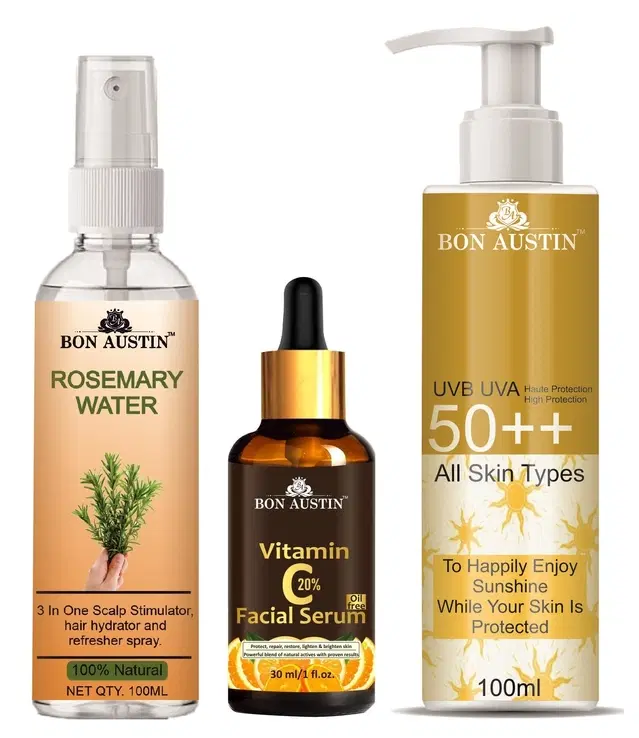Bon Austin Rosemary Hair Spray, 100 ml with Vitamin C Face Serum,, 30 ml, UVA & UVB Protection Sunscreen Lotion, 100 ml, Set of 3