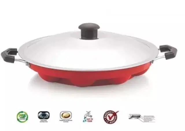 ZODEX 12 Cavities Non Stick Appam Patra with Lid and Side Handle, Multicolor, 21 cm